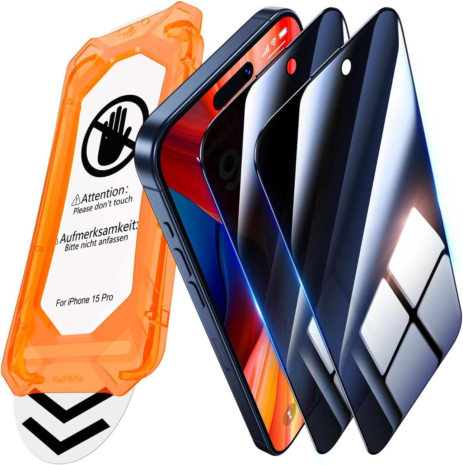 UniqueMe for iPhone 15 Pro Privacy Screen Protector - 2 Pack [ Anti Spy ] [Automatic Dust Removal] 6.1 inch 9H Full Coverage Tempered Glass, Bubble-Free, Case Friendly product image