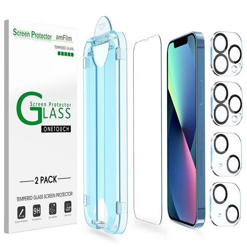 amFilm Screen Protector OneTouch Compatible with iPhone 13, iPhone 13 Pro (6.1", 2021) Tempered Glass and Camera Lens Protector, Edge to Edge Full Coverage Easy Installation Kit, Plastic, 2+2 Pack product image