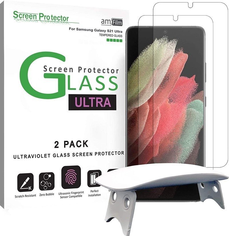 amFilm 3D Curved Screen Protector for Galaxy S21 Ultra 5G 6.8 Inch, UV Gel Application, Tempered Glass, 2 Pack product image