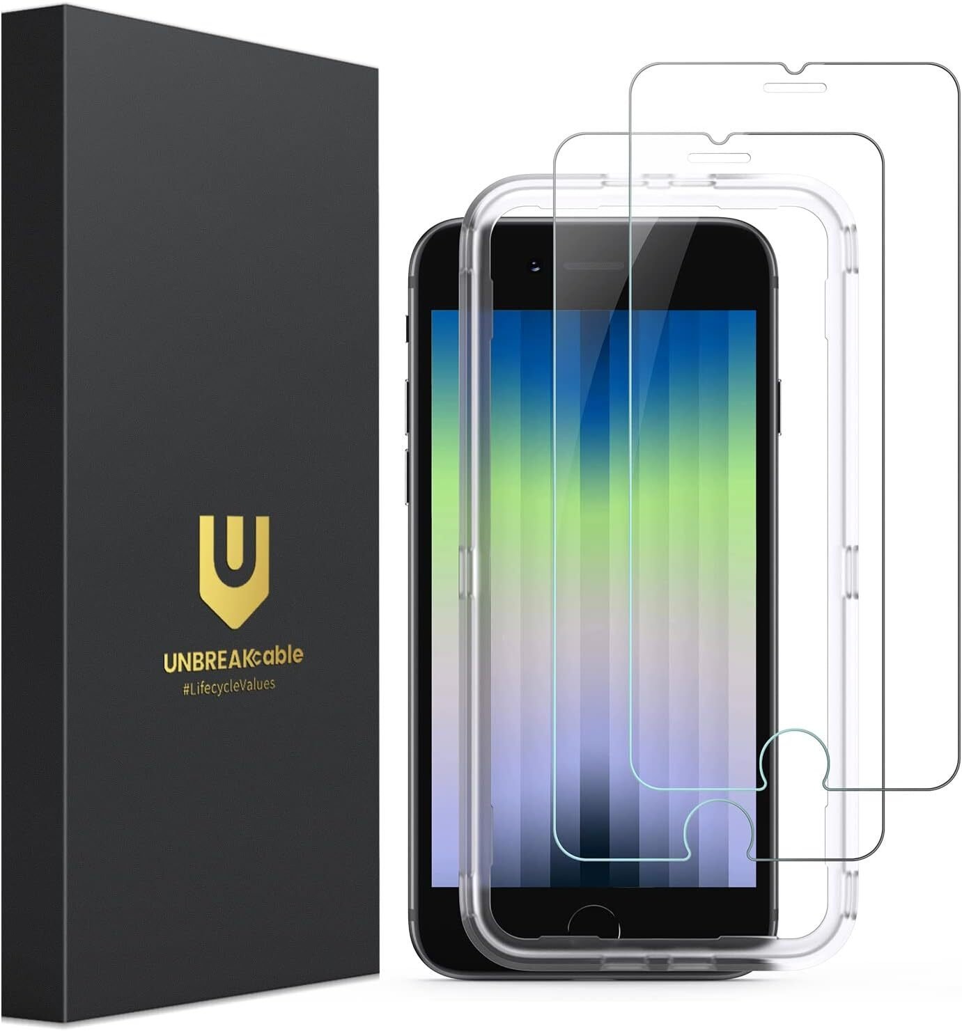 UNBREAKcable Screen Protector for iPhone SE 2022/SE 2020, iPhone 8/7 [2-Pack] - [Easy Installation Frame] [Double Hardness] [Bubble Free] Tempered Glass Screen Protector for iPhone SE/8/7-4.7 Inch product image