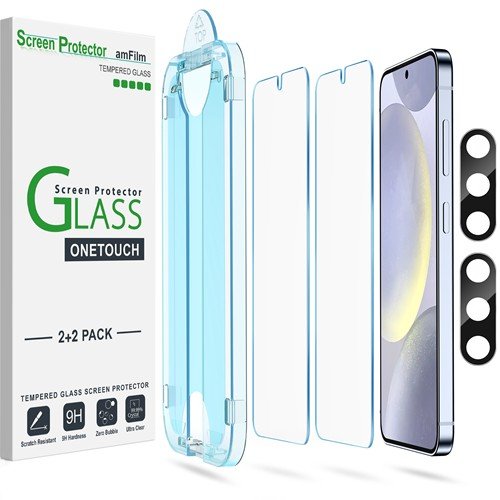 amFilm Auto-Alignment OneTouch for Samsung Galaxy S24+ Plus 6.7" Screen Protector + Camera Lens Protector, Tempered Glass, 30 seconds Installation, Bubble Free, Case Friendly, Anti-Scratch [2+2 Pack] product image