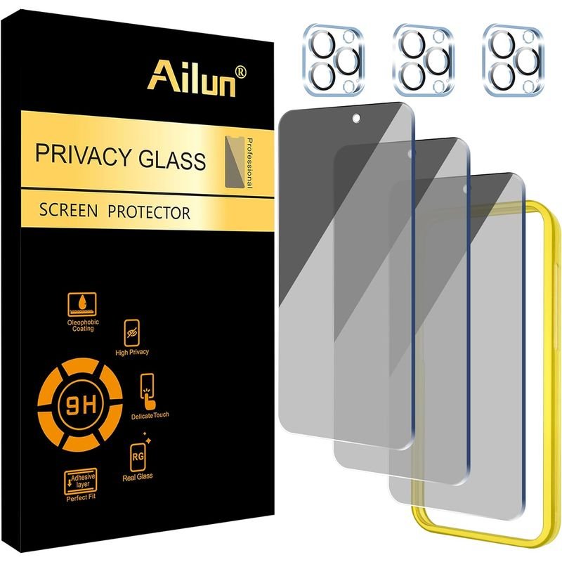 Ailun 3 Pack Privacy Screen Protector for iPhone 15 [6.1 inch] + 3 Pack Camera Lens Protector with Installation Frame, Anti Spy Private Tempered Glass Film, Case Friendly, [9H Hardness] product image