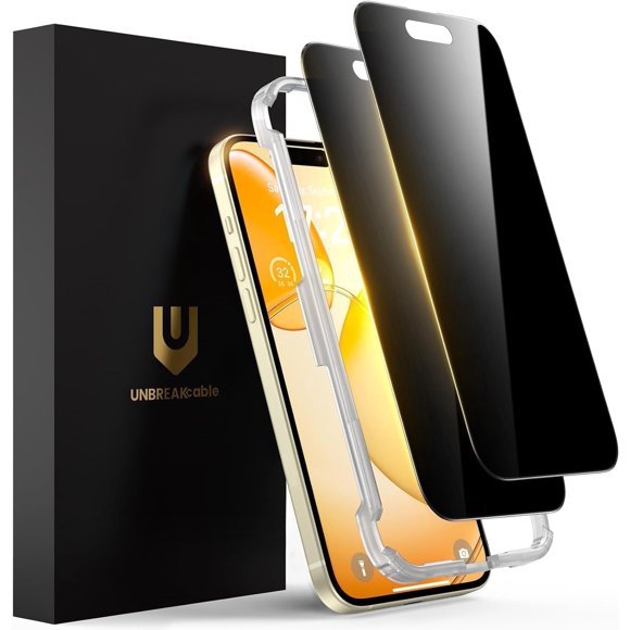 UNBREAKcable Privacy Screen Protector for iPhone 15 (6.1"), 25-Degree Anti-Spy Tempered Glass, Easy Install Alignment Frame, Case-Friendly, 9H Hardness, Anti-Fingerprint, 3-Pack product image