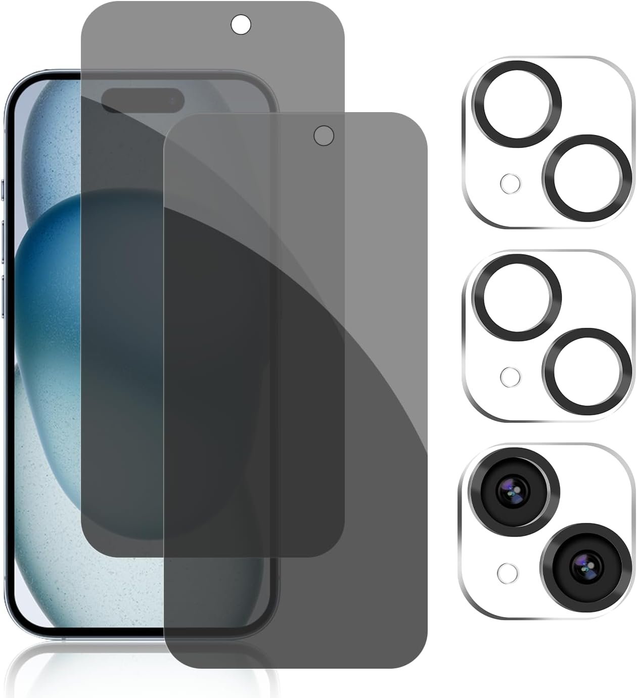 PEHAEL 2+2 Pack Privacy Screen Protector for iPhone 15 with Camera Lens Protector, Anti-Spy Tempered Glass product image