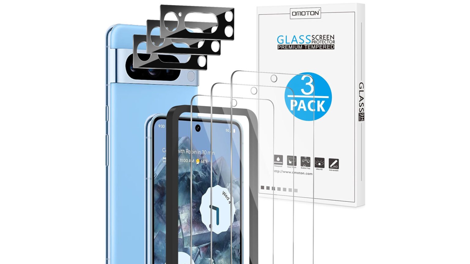 OMOTON 3+2 Pack for Google Pixel 8 Pro Screen Protector with Camera Lens Protector, Tempered Glass Film, Support Fingerprint Unlock, Anti-Scratch, 9H Hardness, HD Clear product image