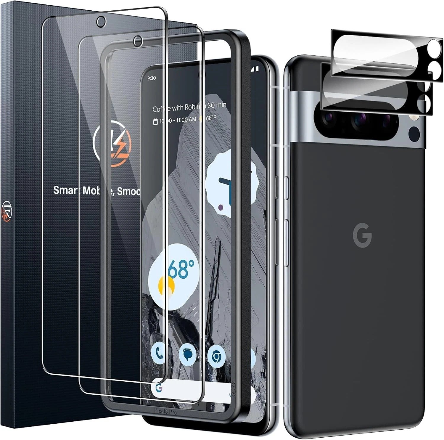 LK 2 Pack for Google Pixel 8 Pro Screen Protector [New Version] + 2 Pack Camera Lens Protector, Fit Lens Cutouts Ports, Support Fingerprint Unlock, Bubble-Free, with Easy Installation Tool product image