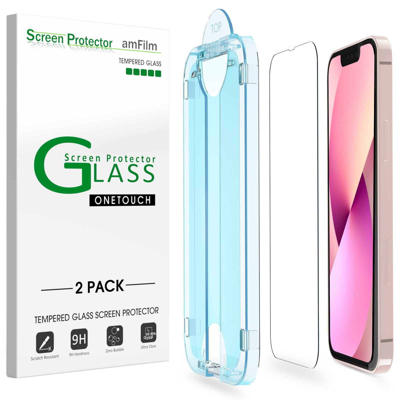 amFilm OneTouch Screen Protector for iPhone 13 mini 5.4 inch, Tempered Glass, Auto-Alignment Kit, 2 Pack product image