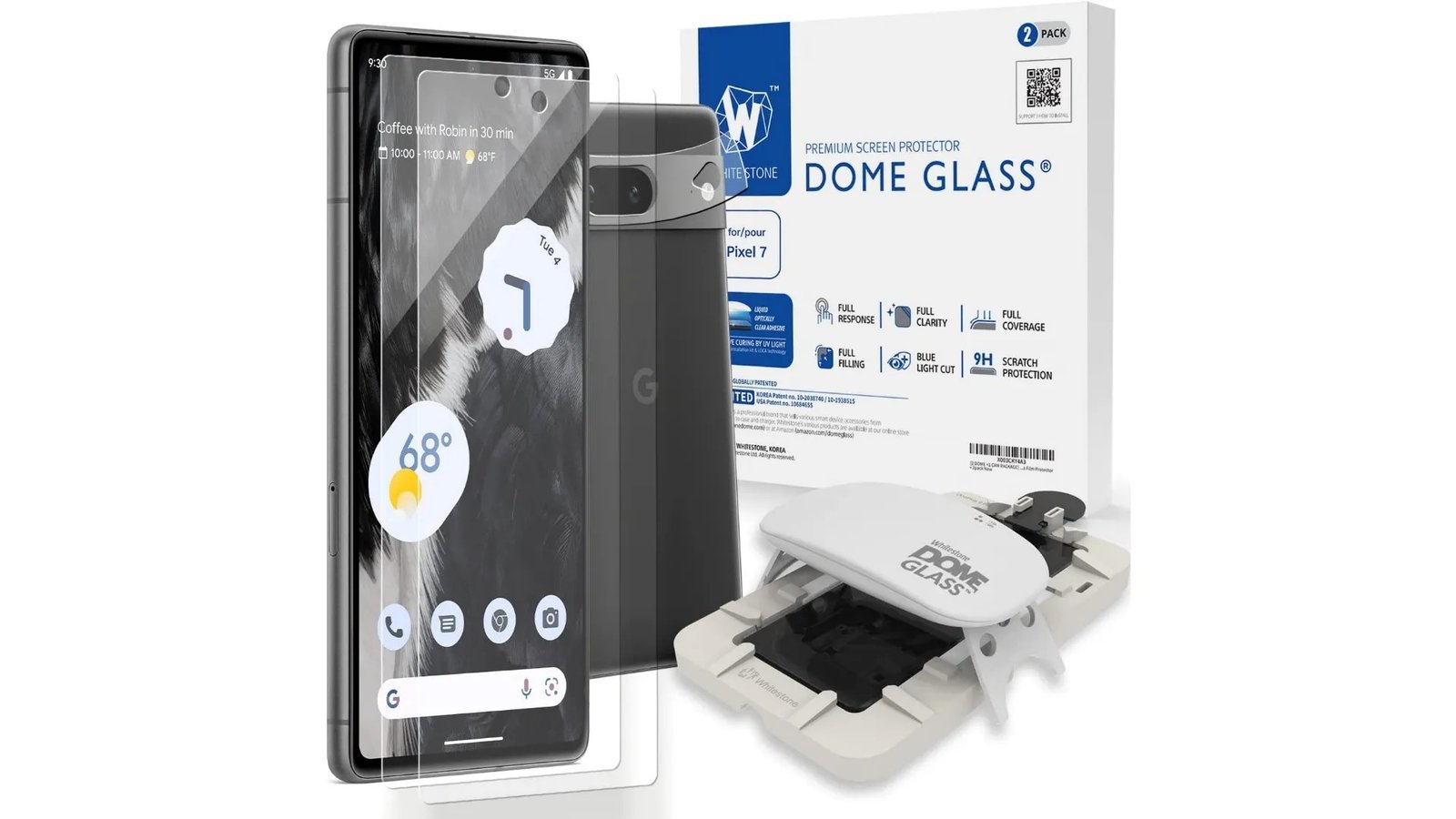 Whitestone Dome Glass Screen Protector for Google Pixel 7, 2 Pack Tempered Glass with 1 Camera Protector, UV Liquid Dispersion product image