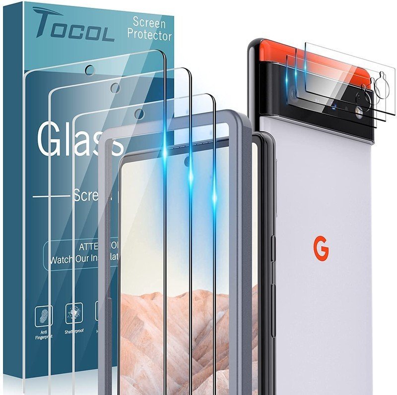TOCOL 3+3 Pack Compatible for Google Pixel 6 5G 6.4 inch, 3 Pack Tempered Glass Screen Protector + 3 Pack Camera Lens Protector, Case Friendly, Anti-Scratch, Alignment Tool, Fingerprint Unlock product image