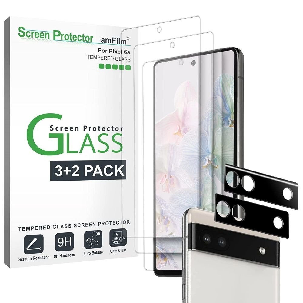 amFilm Tempered Glass Screen Protector for Google Pixel 6a 5G (2022), 3 Pack Screen Protector with 2 Pack Camera Lens Protector, 0.33mm Thickness, HD Clear product image