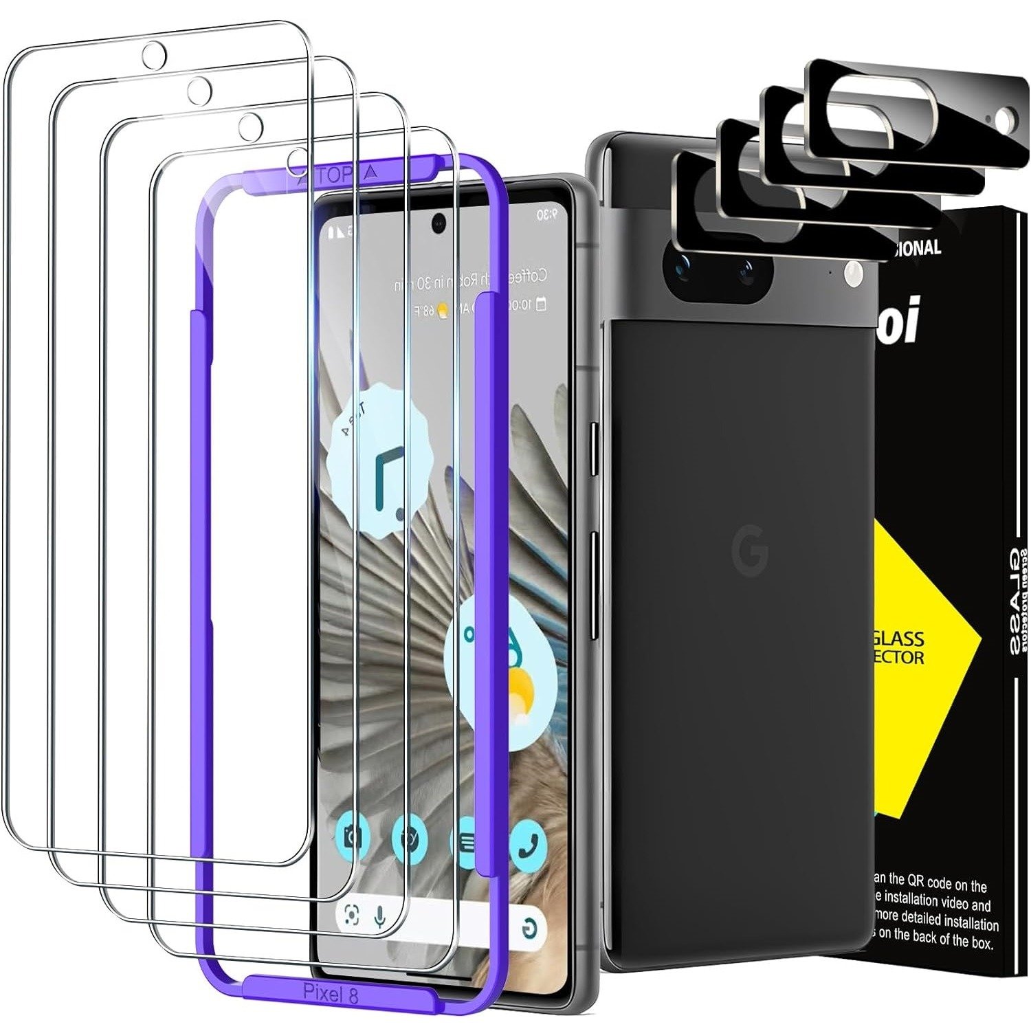 Milomdoi 4 Pack Screen Protector for Google Pixel 8 with 4 Pack Tempered Glass Camera Lens Protector, 9H Hardness, Case Friendly, Alignment Frame product image