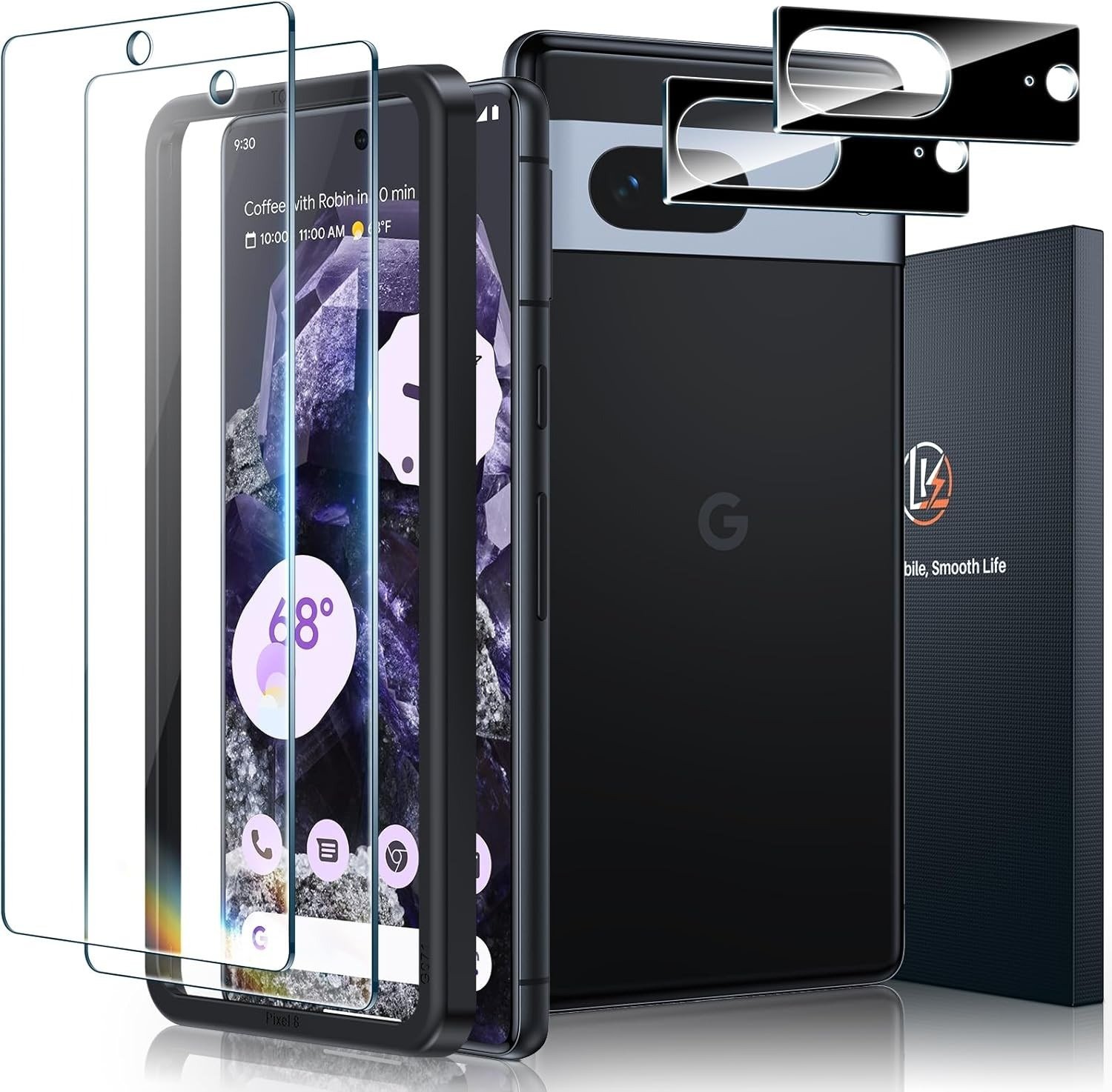 LK [2+2 Pack] for Google Pixel 8 Screen Protector, 2 Pack Tempered Glass with 2 Pack Camera Lens Protector, 9H Hardness, Case Friendly product image