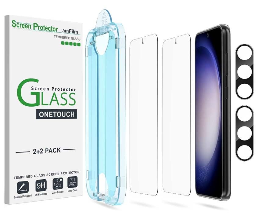 amFilm Auto-Alignment OneTouch for Samsung Galaxy S23 6.1" Screen Protector + Camera Lens Protector, Tempered Glass, 30 Seconds Installation, Bubble Free, Case Friendly, Anti-Scratch [2+2 Pack] product image