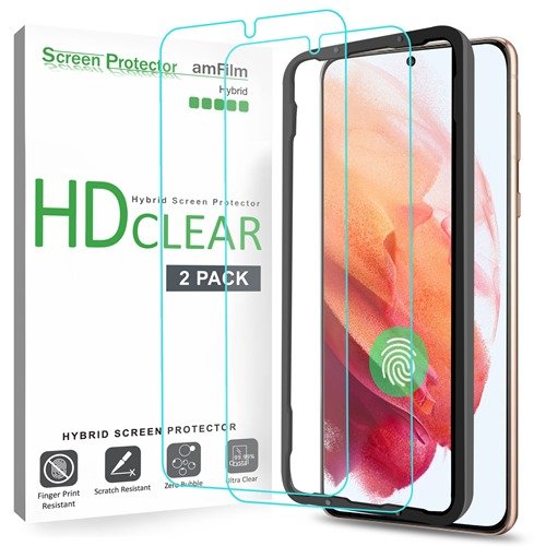 amFilm Screen Protector for Samsung Galaxy S21 5G 6.2 inch (2021), Fingerprint ID Compatible, HD Clear, Scratch Resistant Hybrid, with Easy Installation Tray, Polyethylene Terephthalate, 2 Pack product image