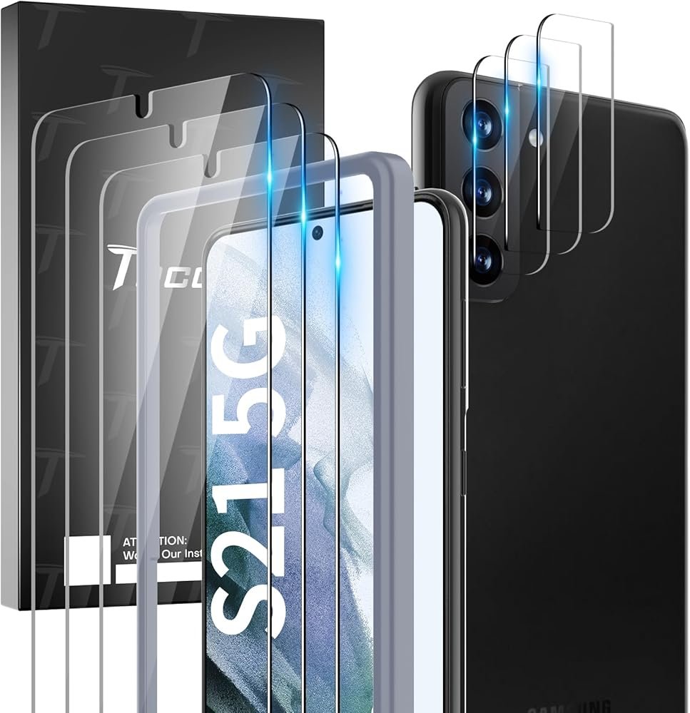 TOCOL 6 Pack Compatible with Samsung Galaxy S21 5G 6.2 inch - 3 Pack Tempered Glass Screen Protector and 3 Pack Camera Lens Protector with Installation Frame, HD Clear, Bubble Free, Case Friendly product image