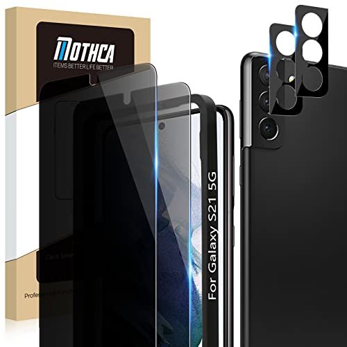Mothca [2+2 Pack] Privacy Screen Protector for Samsung Galaxy S21 5G 6.2-inch [Not for S21+/Ultra] Anti Spy PET Film (Not Glass) + Camera Lens Protector with Alignment Tray, Fingerprint ID Compatible product image