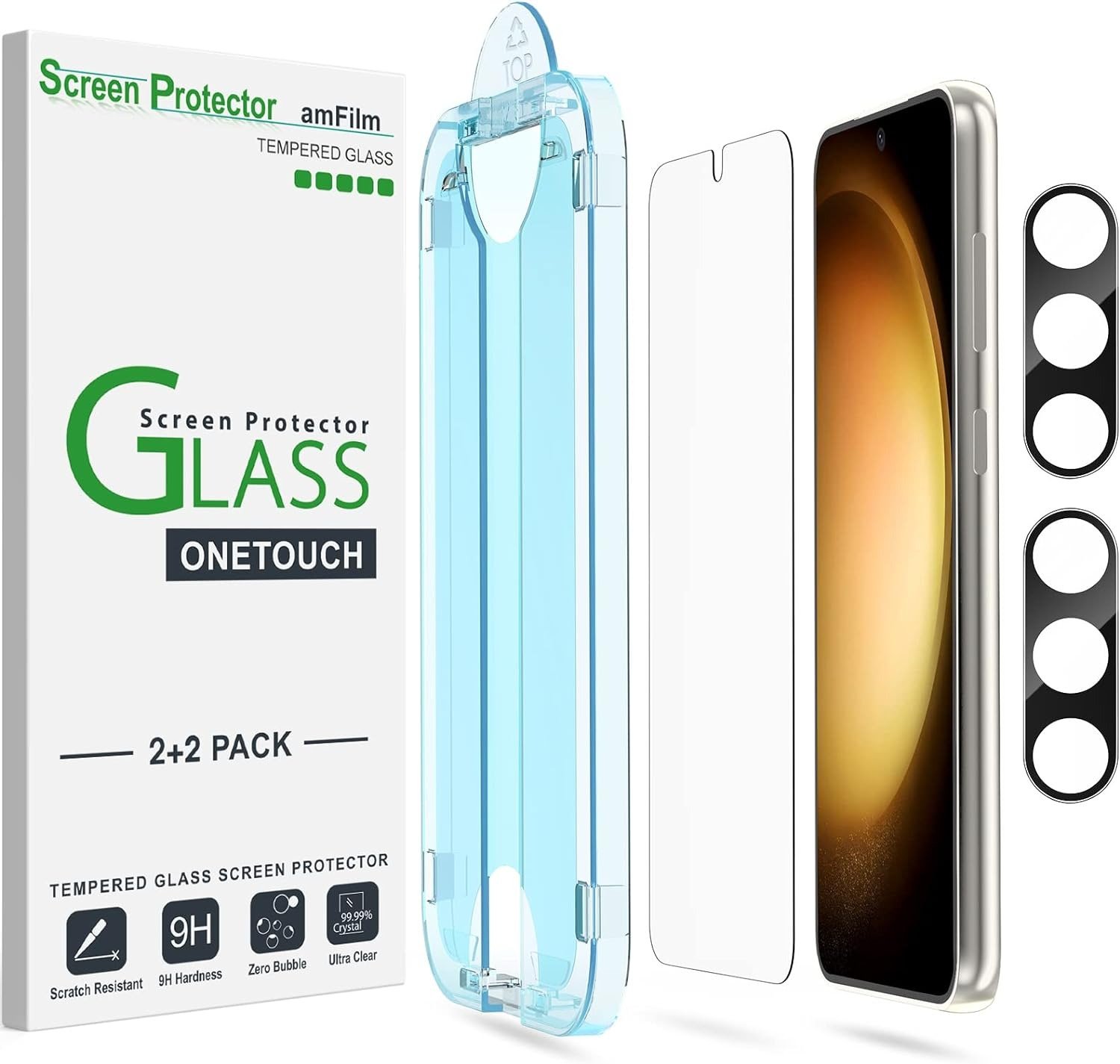 amFilm OneTouch Screen Protector for Samsung Galaxy S23 Plus 6.6 Inch + Camera Lens Protector, Tempered Glass, Auto-Alignment, Bubble Free, [2+2 Pack] product image
