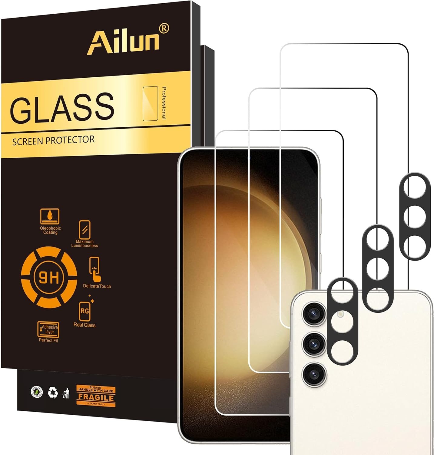 Ailun 3+3 Pack Screen Protector for Samsung Galaxy S23 Plus + 3 Pack Camera Lens Protector, Tempered Glass, Case Friendly product image