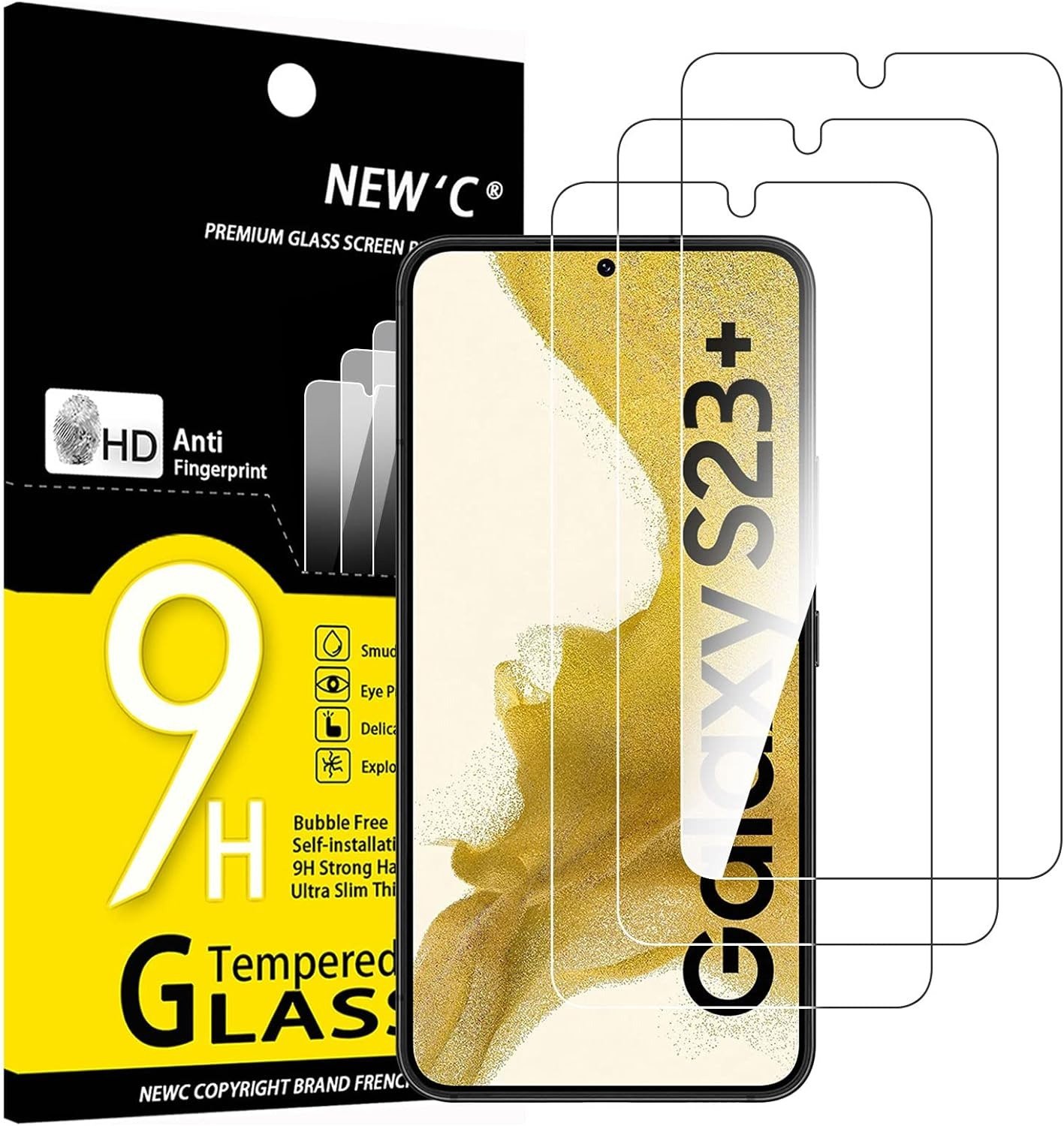 NEW'C [3 Pack] Designed for Samsung Galaxy S23 Plus / S23+ Screen Protector Tempered Glass, Anti Scratch, Bubble Free, Ultra Resistant (0.26 mm HD Ultra Transparent) 9H Hardness Glass product image