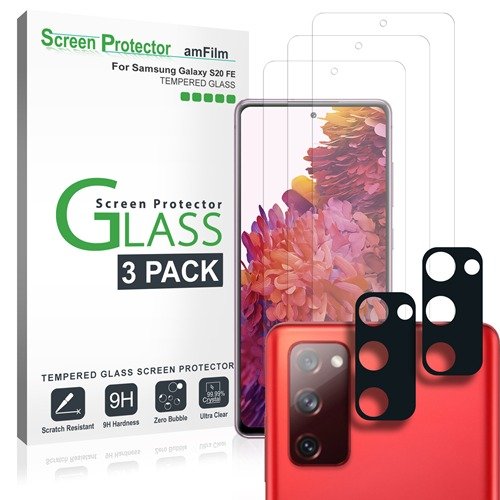 amFilm (3+2 Pack) Tempered Glass Screen Protector and Camera Lens Protector for Samsung Galaxy S20 FE (Fan Edition 5G 2020) 6.5 inch, with Easy Installation Handles, HD Clear, Anti-Scratch, Bubbles-Free product image