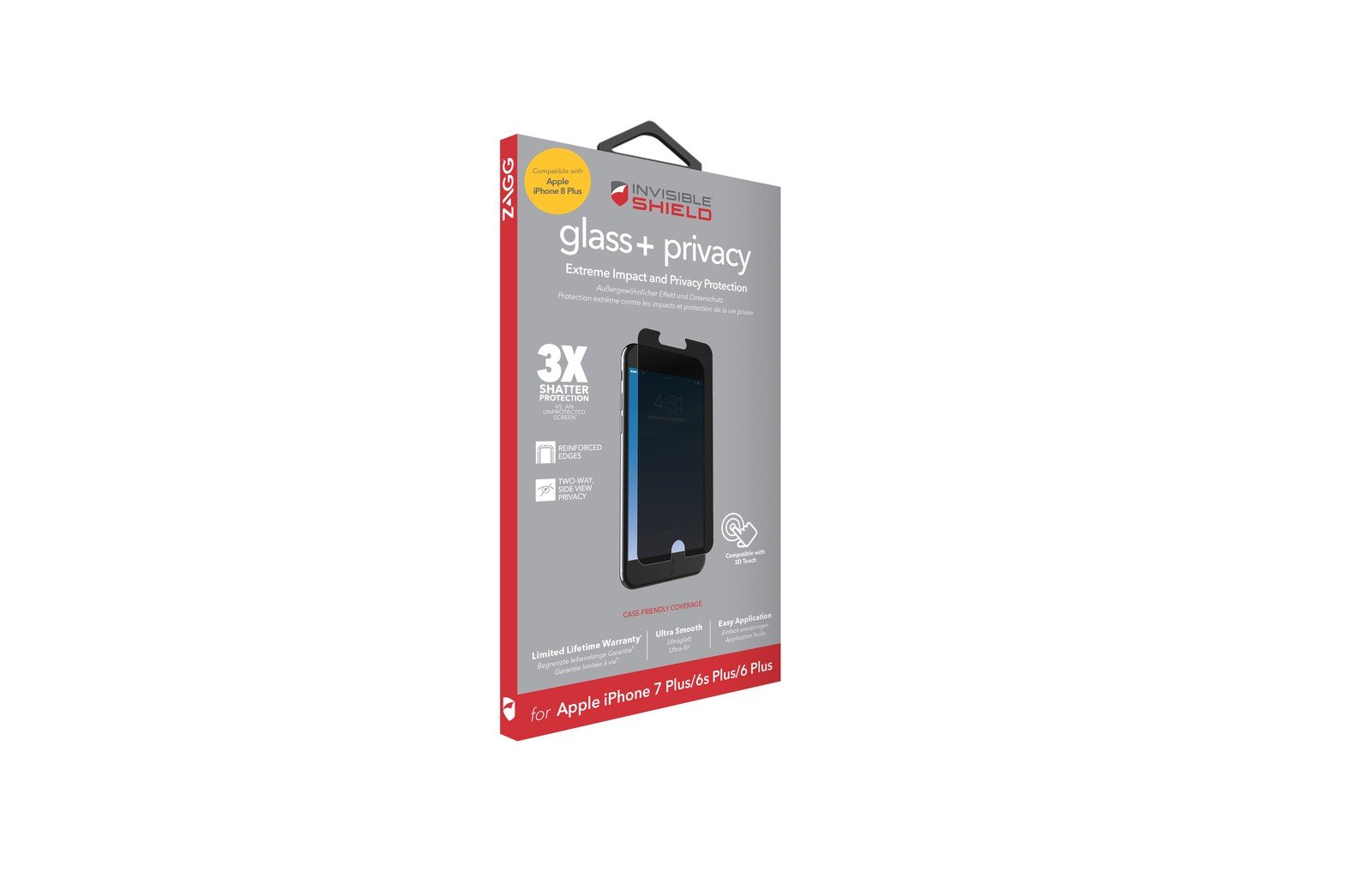 ZAGG InvisibleShield Glass+ Privacy Screen Protector for iPhone 7 Plus / 8 Plus, Case Friendly, Tempered Glass product image