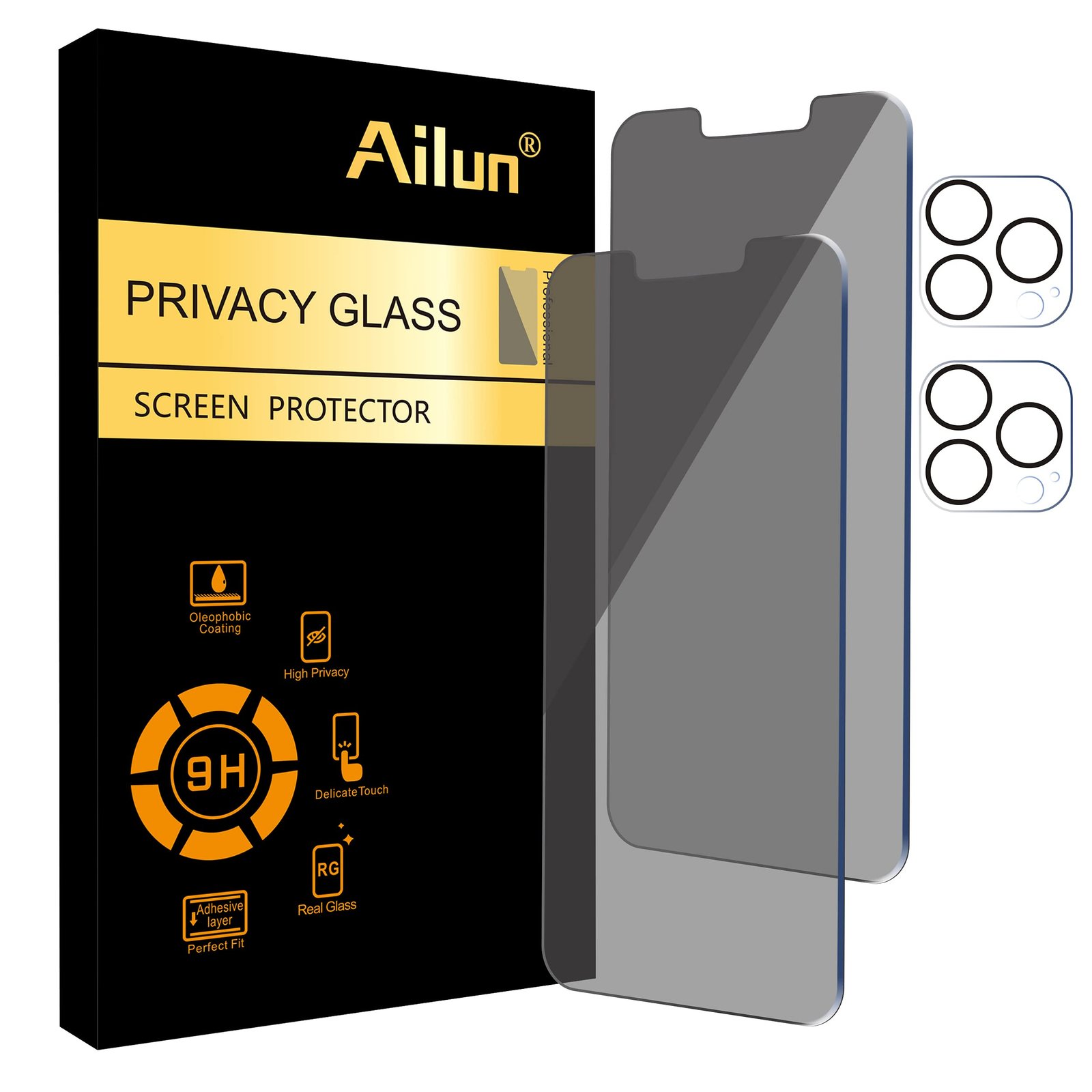 Ailun 2Pack Privacy Screen Protector for iPhone 13 Pro [6.1 inch Display] + 2 Pack Camera Lens Protector, Anti Spy Private Tempered Glass Film, [9H Hardness] - HD [Black] product image