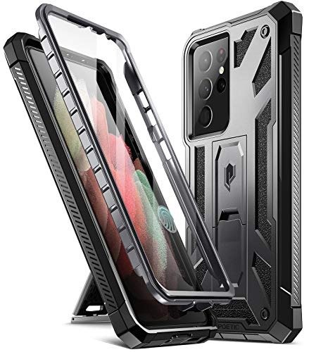 Poetic Spartan Case for Samsung Galaxy S21 Ultra 5G 6.8 inch, Built-in Screen Protector Work with Fingerprint ID, Full Body Rugged Shockproof Protective Cover Case with Kickstand, Metallic Gun Metal product image