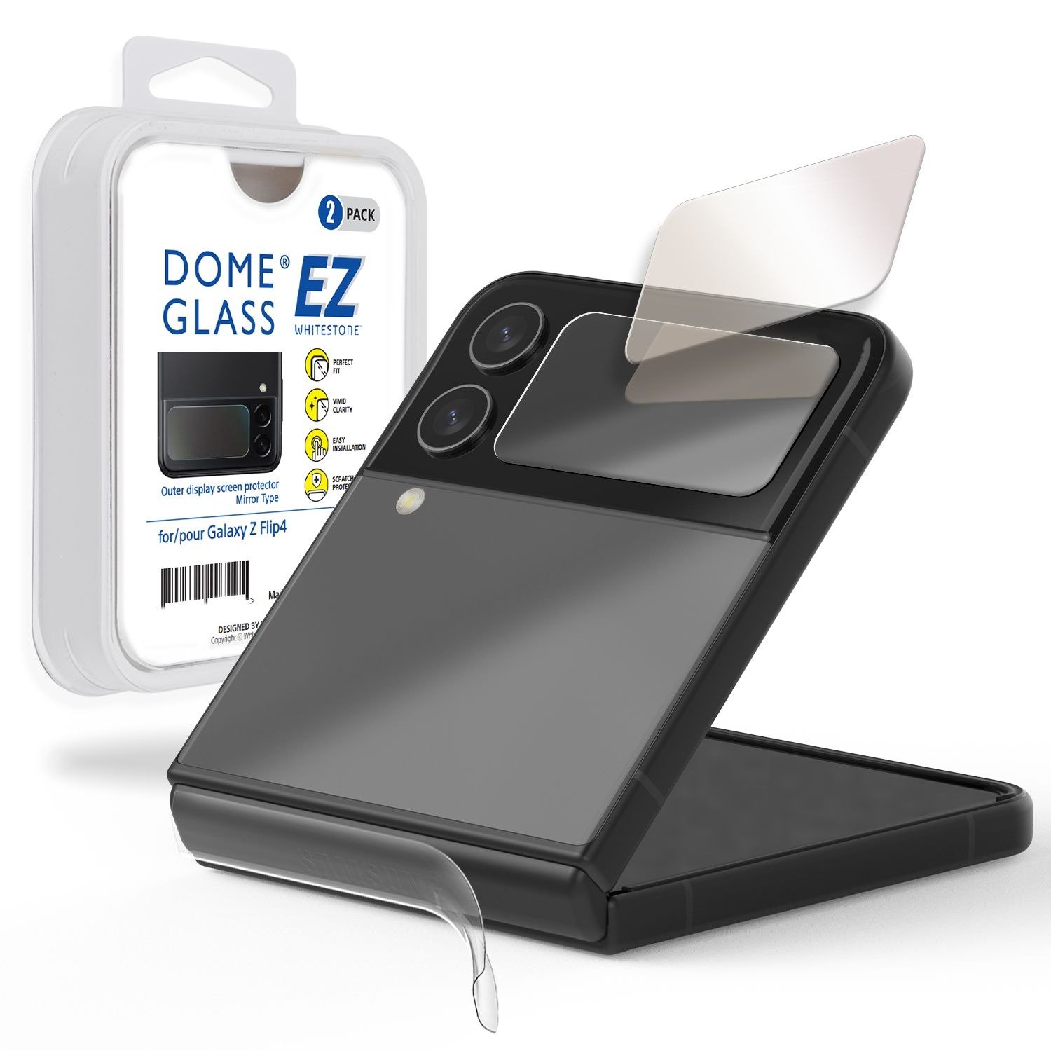 Whitestone [EZ] Flip 4 Outer Display Mirror Type Tempered Glass with Hinge Cover Film, 2-Pack product image
