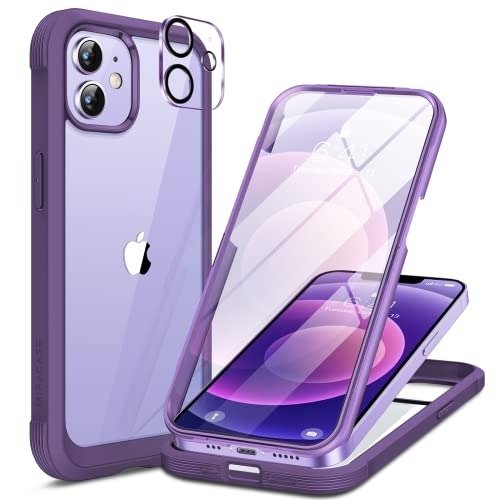 Miracase Glass Series for iPhone 12/12 Pro - Full-Body Rugged Protective Case with Built-in 9H Tempered Glass Screen Protector and Camera Lens Protector - Purple product image