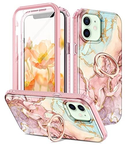 Btscase for iPhone 12/iPhone 12 Pro Case 6.1 Inch, Built-in Screen Protector with 360 Ring Holder Kickstand, Full Body Dual Layer Rugged Shockproof Protective Case for iPhone 12/12 Pro, Rose Gold product image