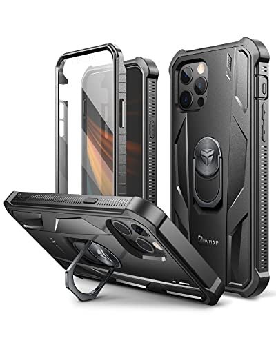 Dexnor Rugged Full Body Case for iPhone 12/12 Pro (6.1 inches) with Screen Protector & Ring Kickstand Car Mount, Slim Shockproof Protective Bumper Cover with Anti Dust Plugs (Black) product image