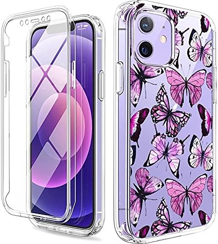 YiYiYaYa for iPhone 12, iPhone 12 Pro Case with Built in Screen Protector, Full Body Clear Floral Pattern for Girls Women, Shockproof Case for iPhone 12 iPhone 12 Pro (Purple Butterflies Floral) product image