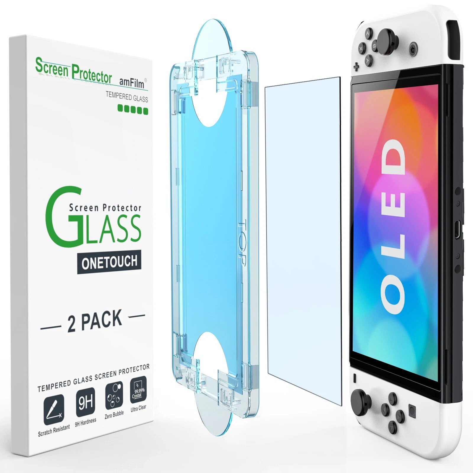 amFilm OneTouch Glass Screen Protector Designed for Nintendo Switch OLED Model 2021 - with Auto Alignment Kit, Bubble Free [2-Pack] product image