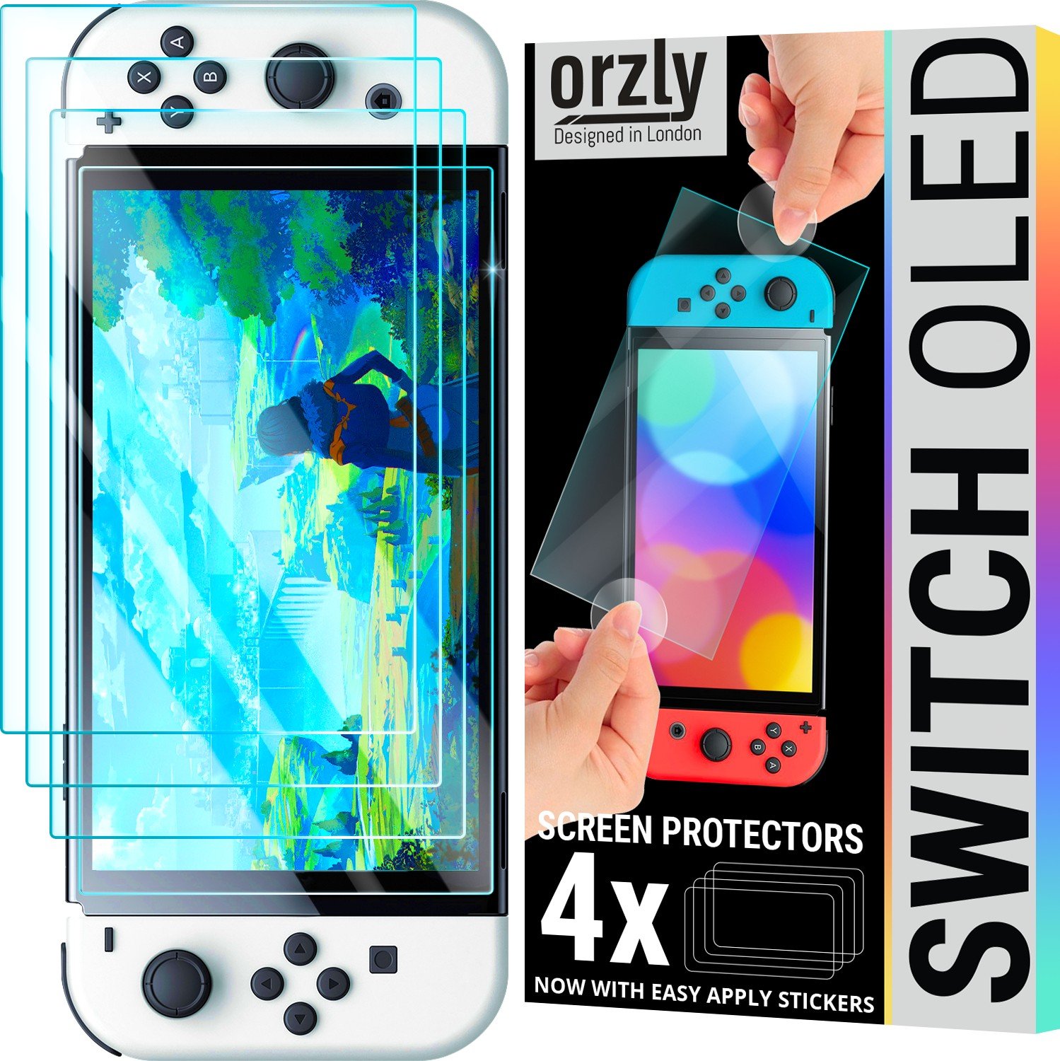 Orzly Glass Screen Protector for Nintendo Switch OLED 2021 Console Accessories (Pack of 4) - Tempered Glass Life time Edition product image