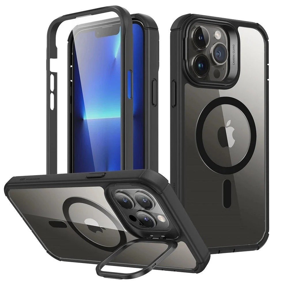 ESR for iPhone 13 Pro Max Case with Stand, Compatible with MagSafe, Full-Body Military-Grade Drop Proof Case with Built-in 9H+ Tempered Glass Screen Protector, Armor Series, Clear Black product image