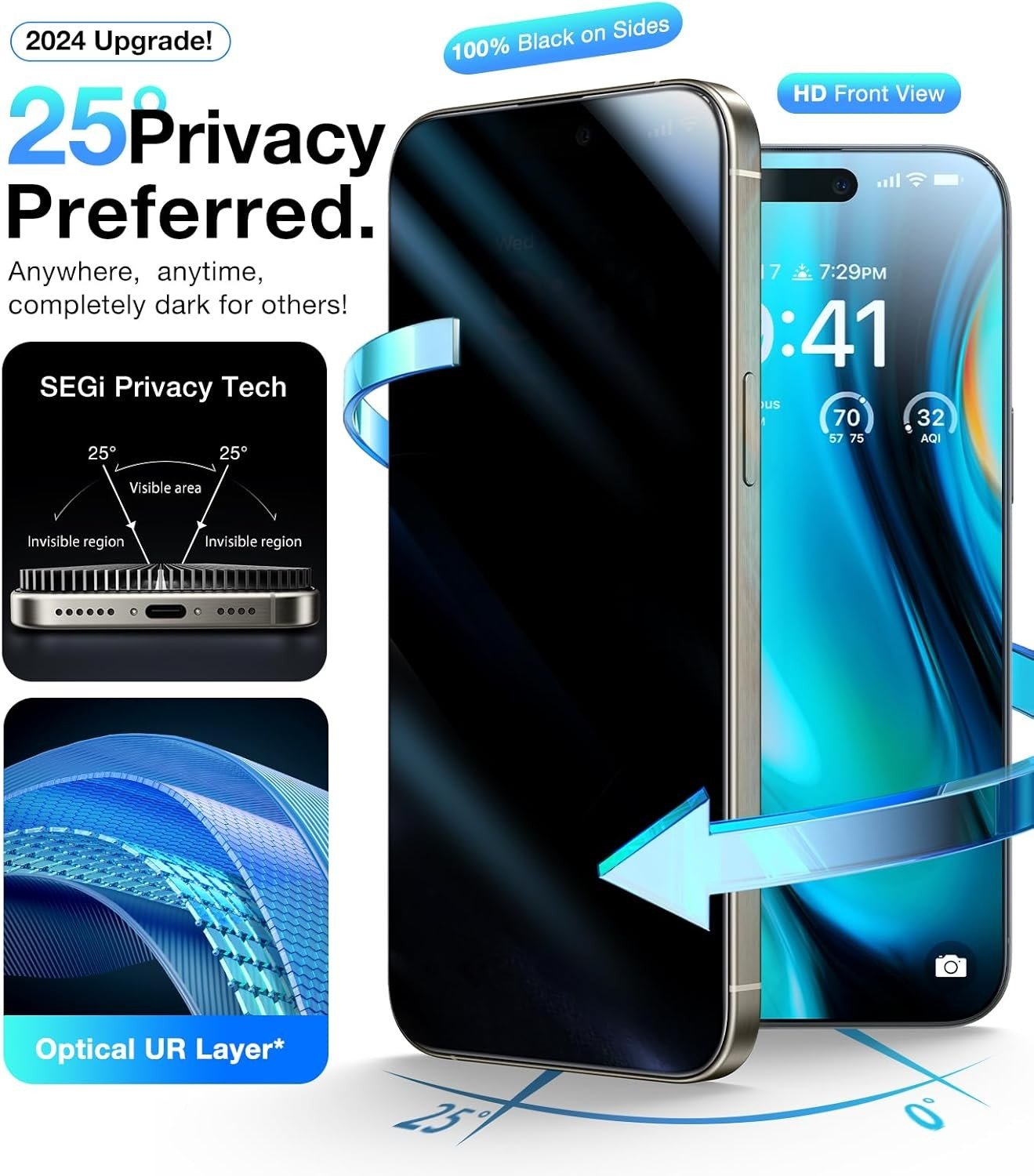 UltraGlass 9H+ Glass for iPhone 15 Pro Max Privacy Screen Protector [Invisible Privacy Armor] Screen Protector 15 Pro Max Tempered [Full Coverage & Longest Durable] 15 ProMax, 2 Pack product image