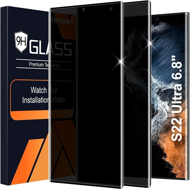 letosan 2 Pack Galaxy S22 Ultra Privacy Screen Protector, 9H Tempered Glass, Ultrasonic Fingerprint Support, 3D Curved, HD Clear Anti-Spy Film for Samsung S22 Ultra 5G Glass Screen Protector product image