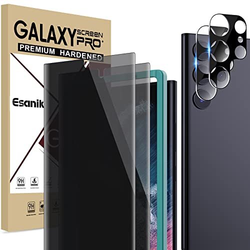 Esanik [2+2 Pack] Privacy Screen Protector for Samsung Galaxy S22 Ultra 6.8-inch [NOT for S22 Plus/S22] Anti Spy PET Film (NOT Glass) with Easy Installation Frame + Camera Lens Protector, Fingerprint ID Compatible product image