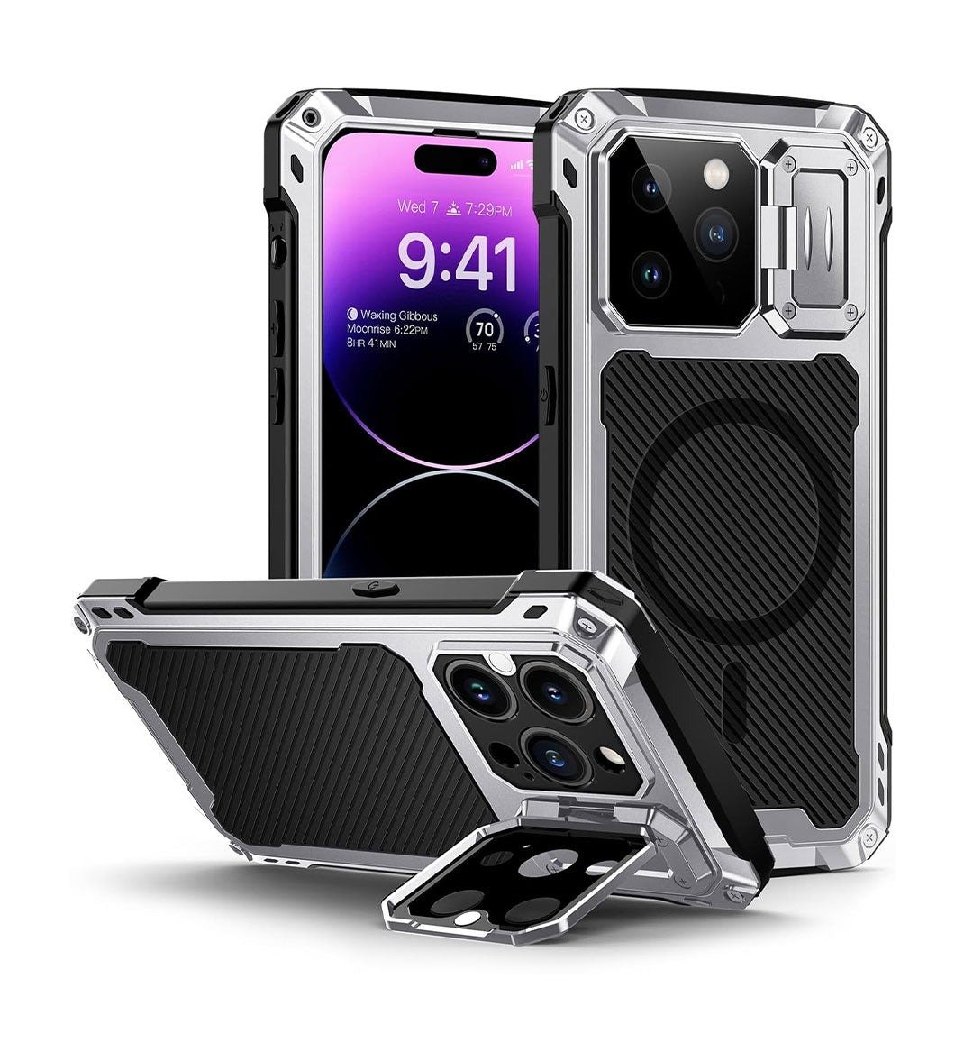 Lanhiem for iPhone 14 Pro Max Metal Case, [Built-in Camera Kickstand & Glass Screen Protector] Protective Heavy Duty Full Body Military Rugged Shockproof Magnetic Cover (Silver) product image