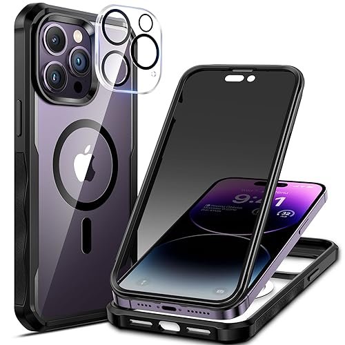 seacosmo for iPhone 14 Pro Max Case, Full Body Bumper with Built-in 9H Tempered Glass Privacy Screen Protector and Camera Lens Protector, Compatible with MagSafe, Black product image