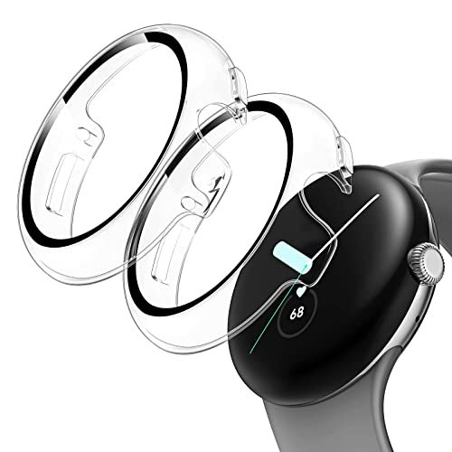 TAURI 2 Pack Hard Case Compatible for Pixel Watch 2 (2023)/ Pixel Watch with 9H Tempered Glass Screen Protector, [Touch Sensitive] [Full Coverage] Slim Bumper Protective Cover for Pixel Watch 2, Clear product image