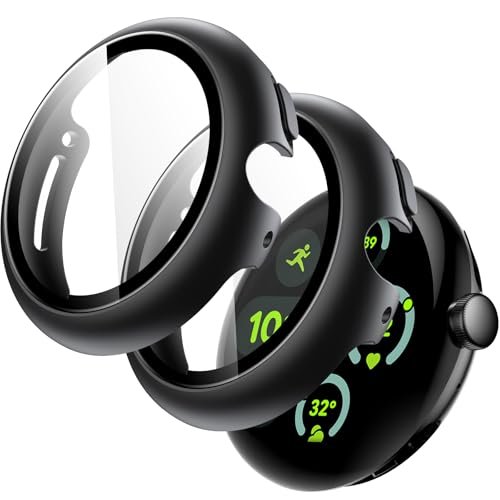 JETech Case with Screen Protector for Google Pixel Watch 3/2/1 41mm, Built-in 9H Tempered Glass Film Hard PC Bumper Full Coverage Protective Cover, 2-Pack (Black/Black) product image