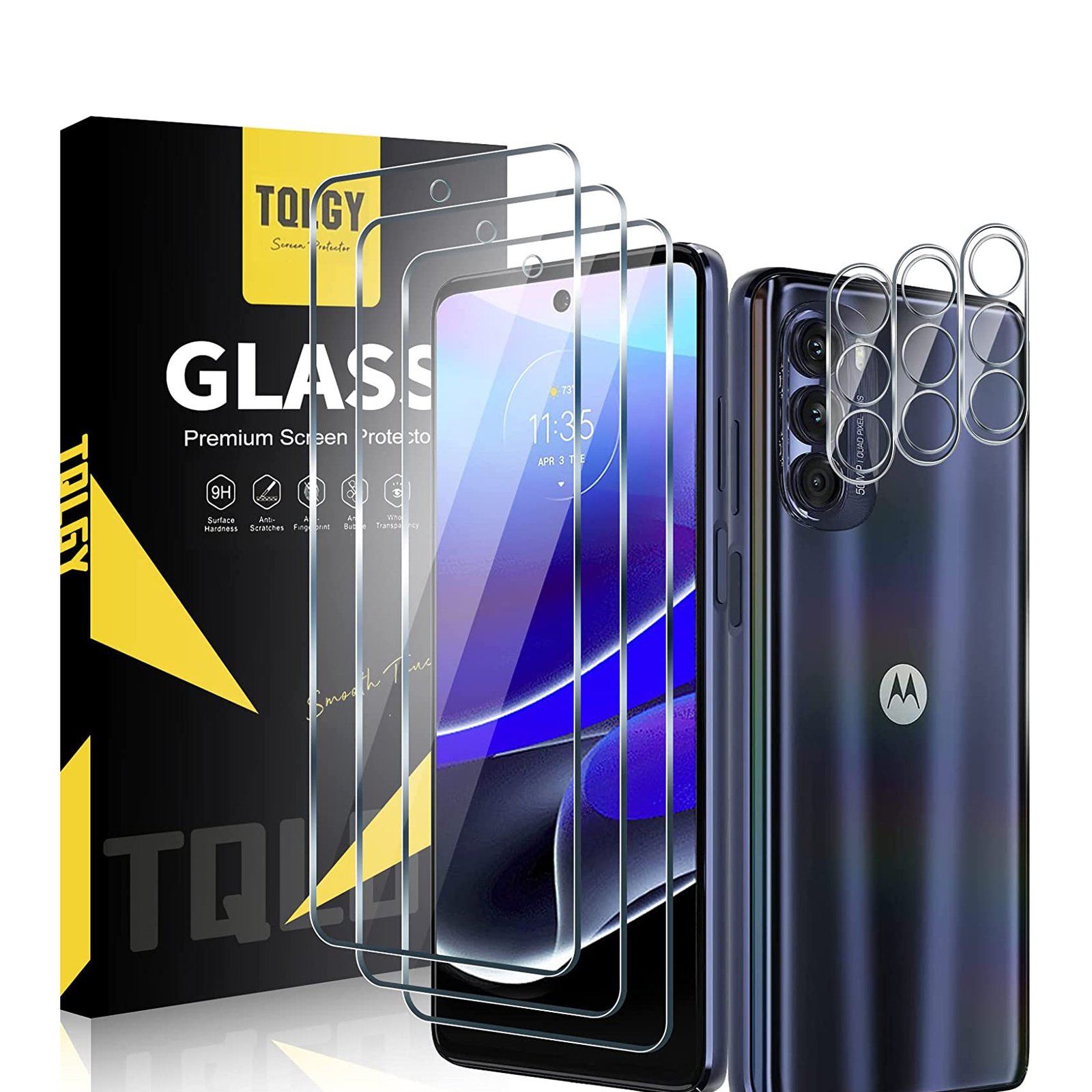 TQLGY 3 Pack Screen Protector for Motorola Moto G Stylus 5G 2022 with 3 Pack Camera Lens Protector, Tempered Glass, 9H Hardness, HD, Bubble Free, Anti-Scratch product image