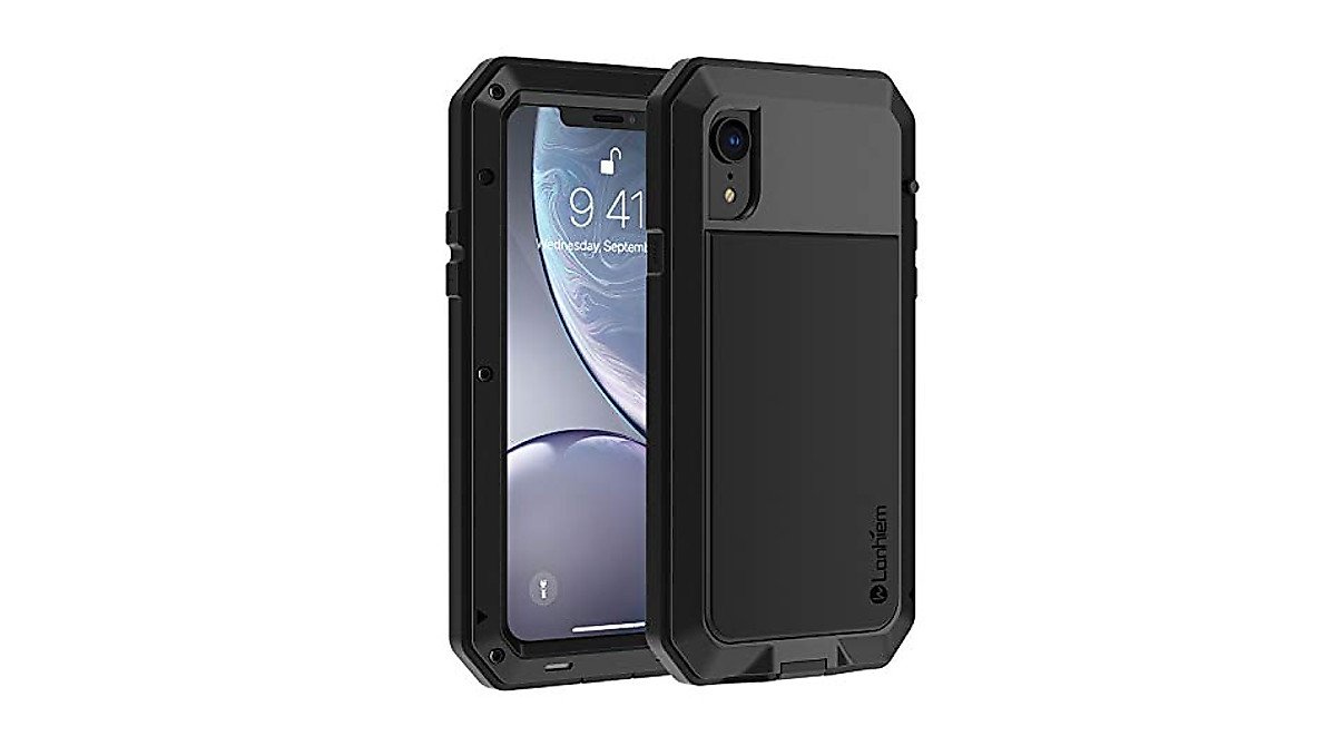 Lanhiem iPhone XR Metal Case, Heavy Duty Shockproof Case with Built-in Glass Screen Protector, Rugged Full Body Protective Cover, Dust Proof Design - Black product image