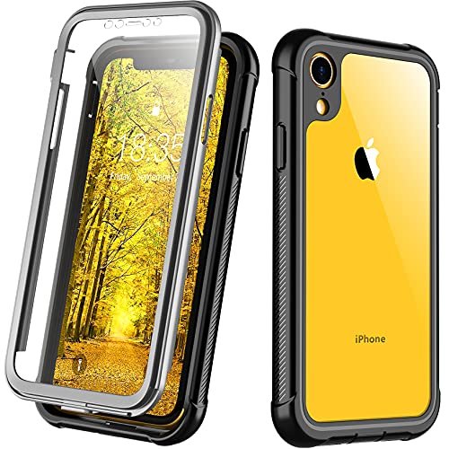 Justcool Compatible with iPhone XR Case, Built-in Screen Protector Heavy Duty Full Body Shockproof Case (Black/Clear) product image