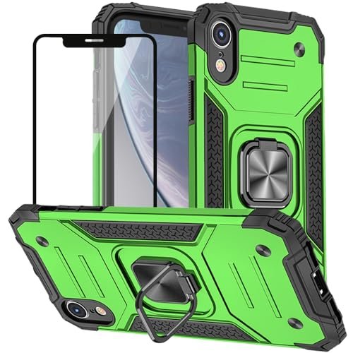 HNHYGETE for iPhone XR Phone Case with Screen Protector: (Heavy Duty) Military Grade 360 Rotatable Kickstand Shockproof Protective Cases for iPhone XR (Green) product image