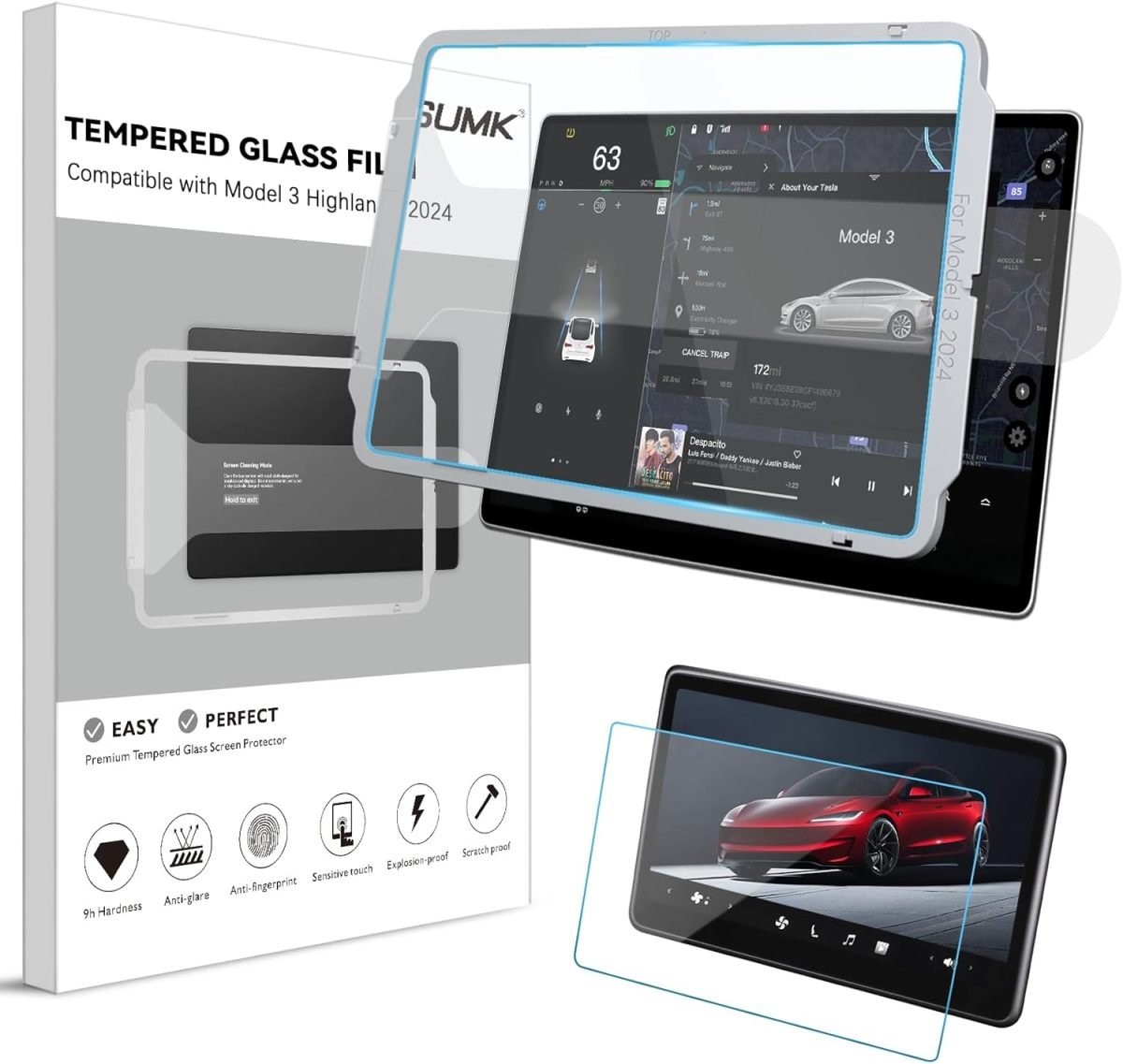 SUMK 15.4 inch Screen Protector for Tesla Model 3/Y Accessories [9H & Anti-Fingerprint] Front & Back Tempered Glass Screen Protector for Tesla Model Y 2025 & Model 3 Highland 2024-2026 - Glossy product image