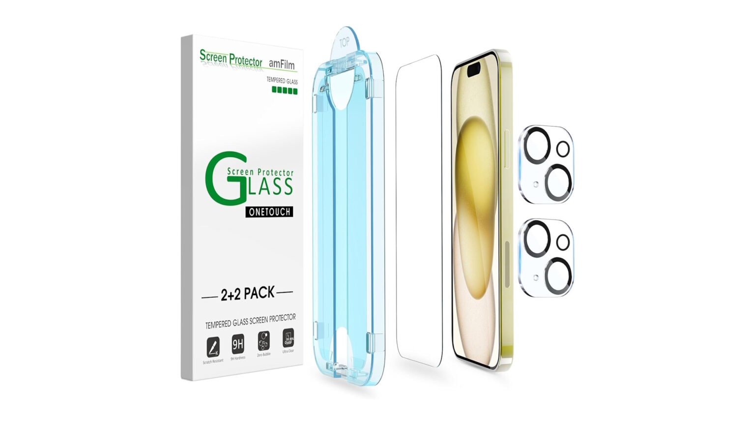 amFilm OneTouch 2+2 Pack for iPhone 15 6.1 inch: Screen Protector + Camera Lens Protector, Auto-Alignment product image