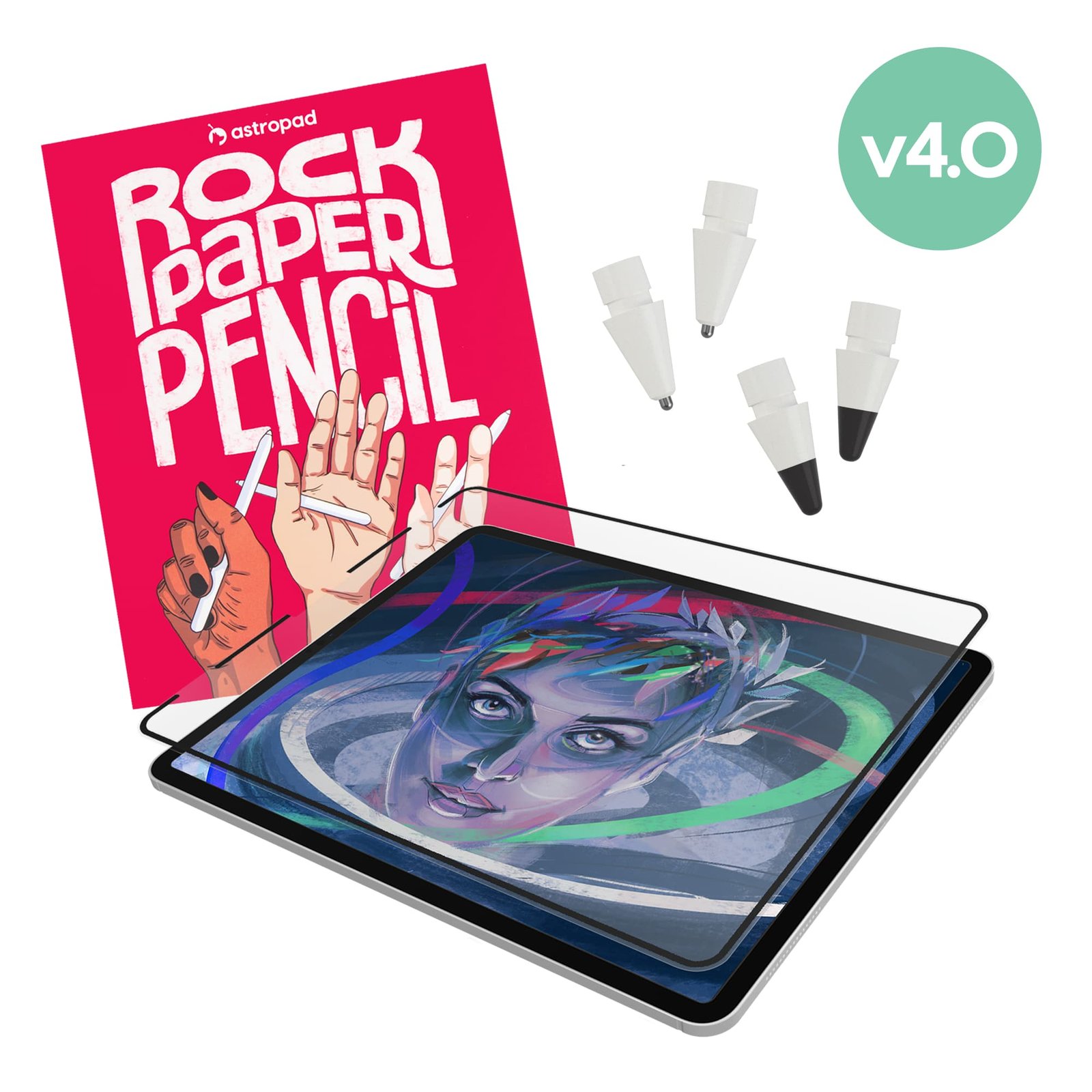 Astropad Rock Paper Pencil v4.0 — Paper Feel Matte Screen Protector for iPad Pro 12.9” (Gen 3–6) + 4 Apple Pencil Tips (2 Ballpoint, 2 Graphite) — NanoCling, Reusable, Residue Free product image