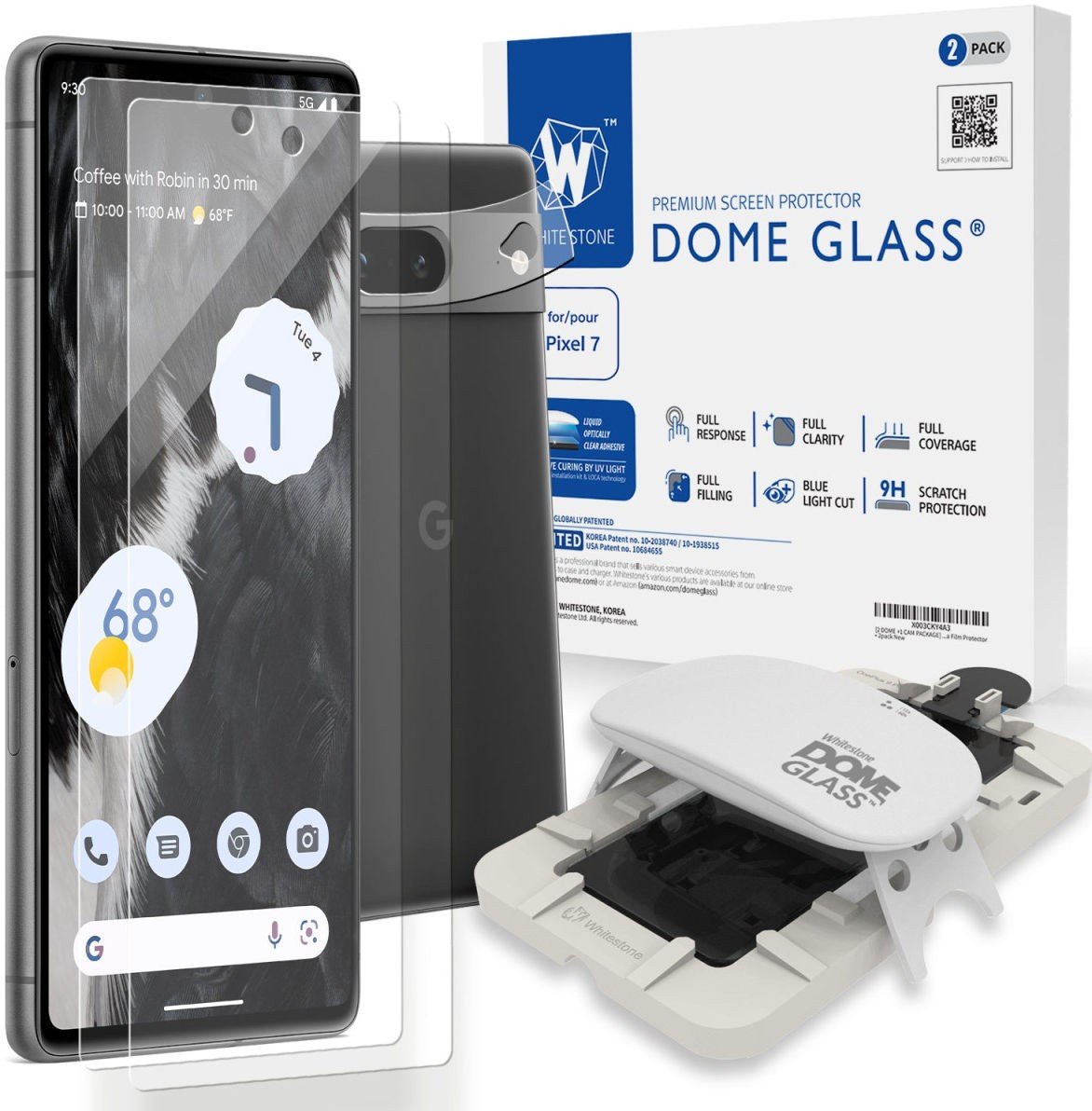 Whitestone Dome Glass Screen Protector for Google Pixel 7, 2 Pack Tempered Glass with 1 Camera Protector, UV Liquid Dispersion product image